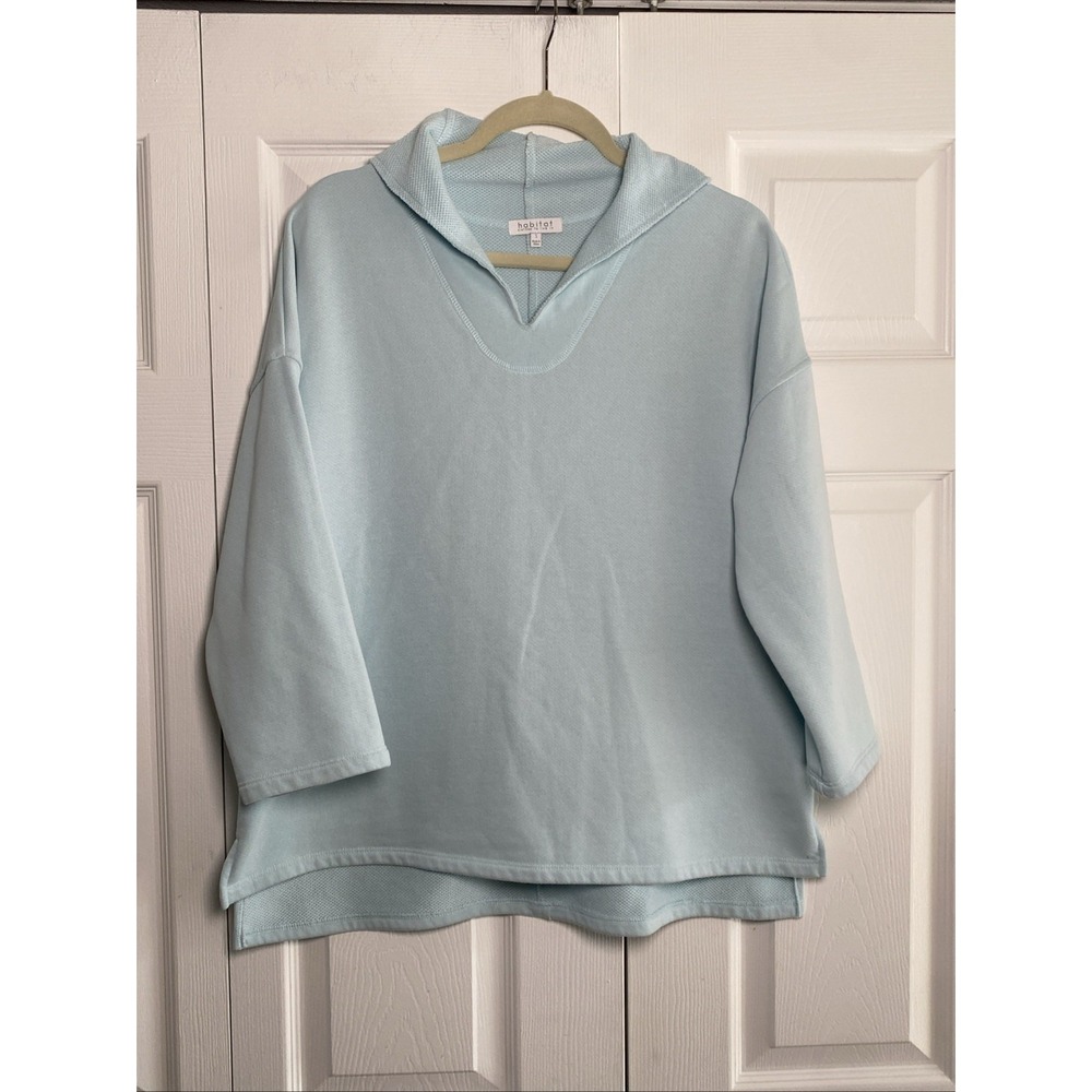 Habitat Hooded‎ Waffle Knit Pullover Womens Size S Blue Tunic 3/4 Sleeve Cotton